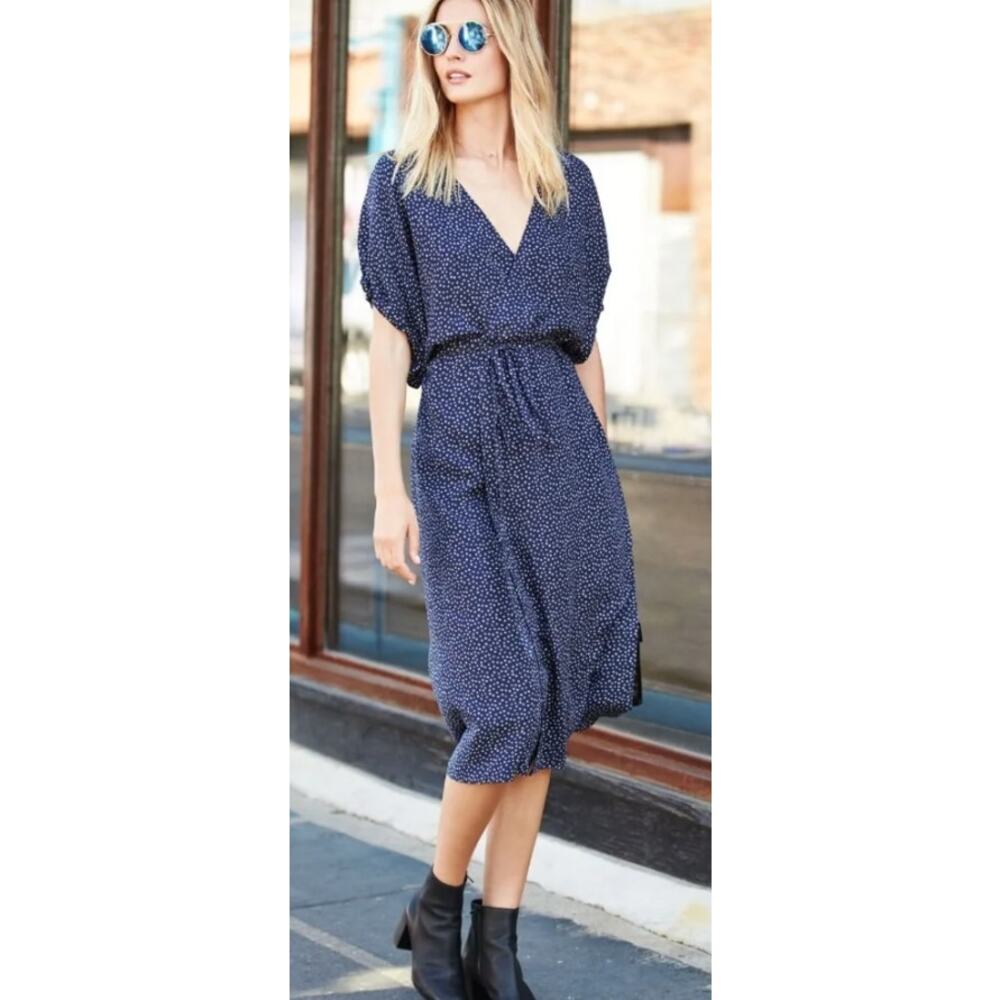 Vince CELESTIAL Polka Dot Kimono Wrap Silk Blend Midi Dress in Blue M NWOT $485